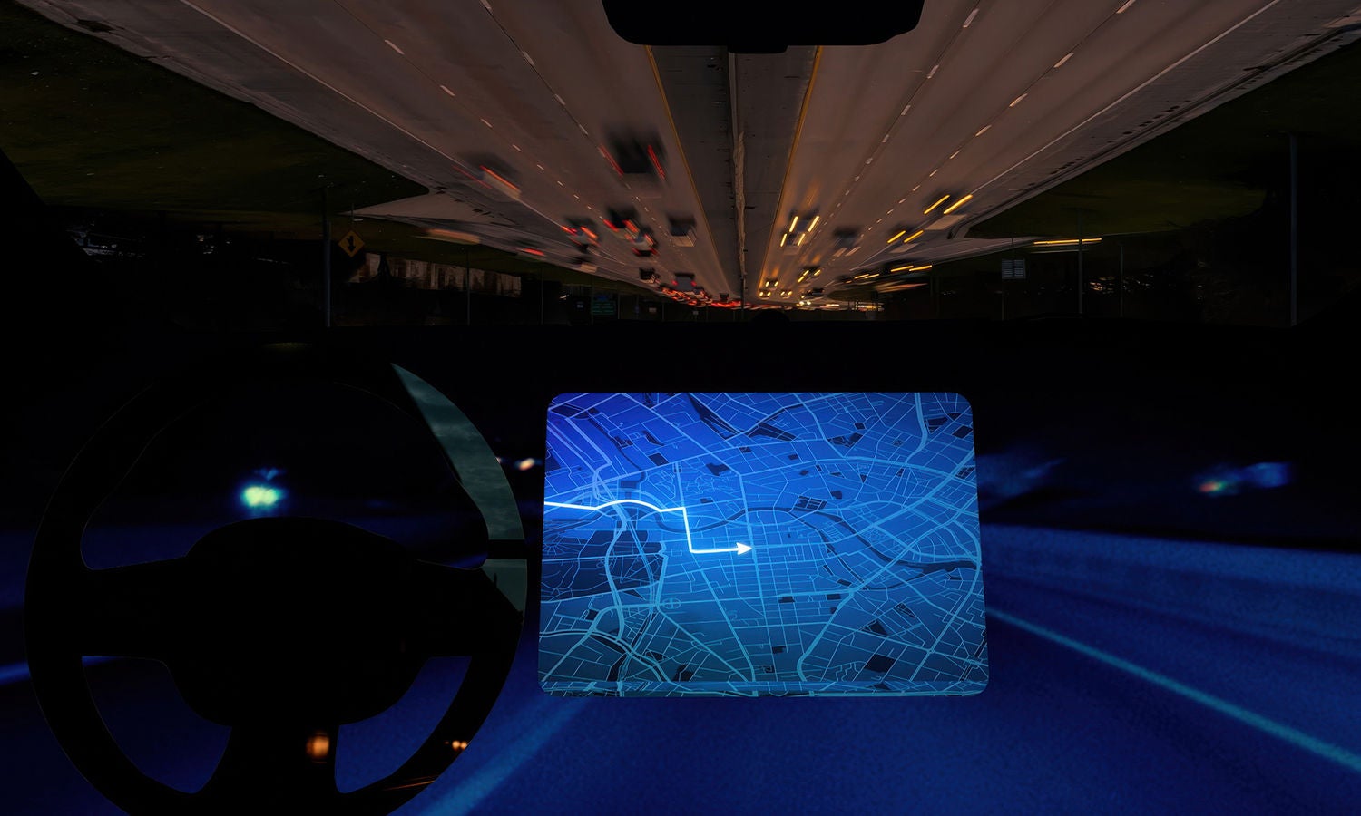 Driver’s view of a modern car interior with digital dashboard and inverted nighttime highway​